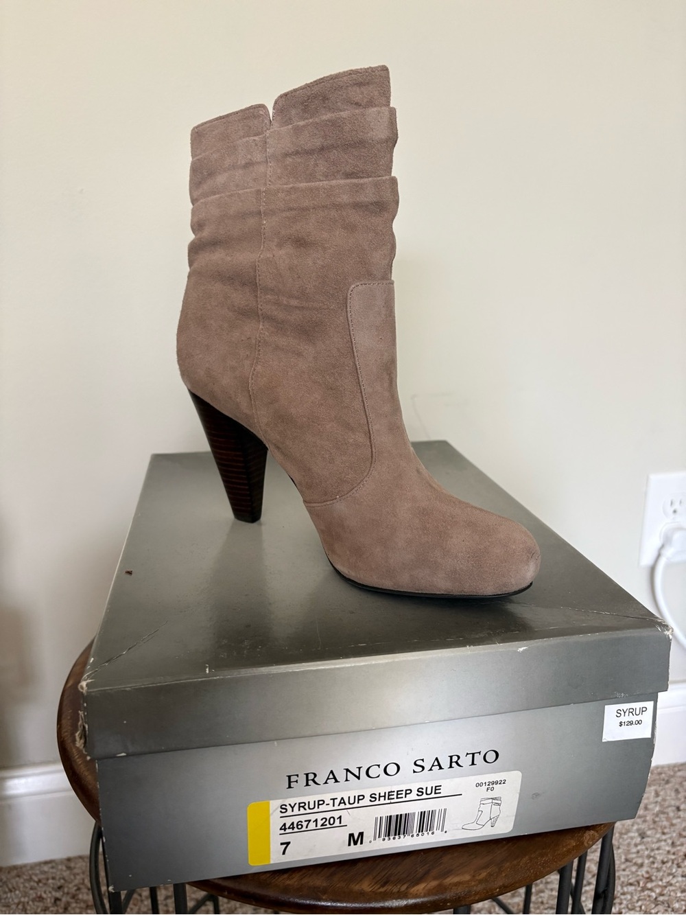 Franco Sarto Taupe Suede Slouch Ankle Boot with Stacked Heel